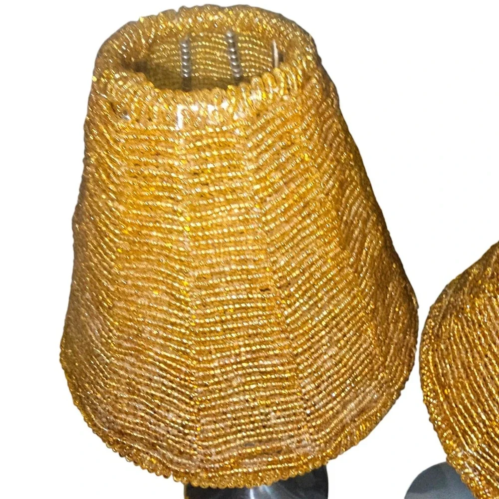 Silver Pedestal Tea Light Candle Holders with Amber Gold Beaded Shades Set of 2